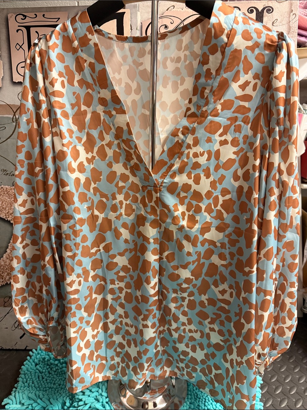 Patterned V-Neck Blouse in Light Blue and Brown